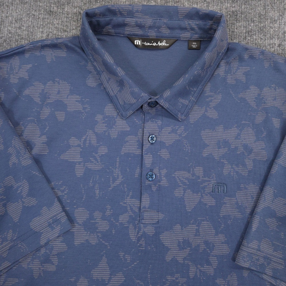 Travis Mathew Polo Shirt Mens XXL Blue Hootenanny Floral Print AOP Golf Casual